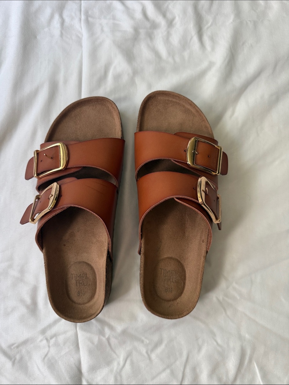 Time and Tru Tan Double-Buckle Slide Sandals with Gold Buckles